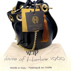 🆕 NWT House Of Harlow 1960 Leather Black Bucket Cinch Bag Purse, Made in Italy